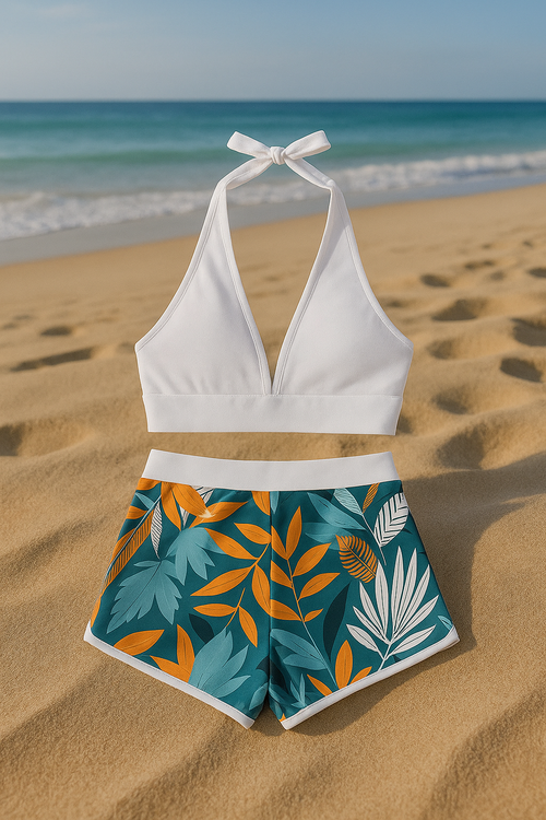 Bikini Femme Été 2025 – Haut Halter & Short Taille Haute | Maillot de Bain Imprimé Tropical Ultra Confort.